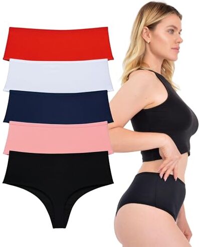 LadyMelex Perizoma da Donna in Cotone a Vita Alta, Nero, Blu Marino, Rosso, Salmone, Bianco, Confezione da 5