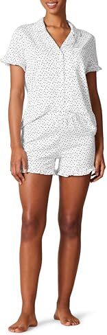 Amazon Essentials Set Pigiama con Colletto Intagliato in Modal e Cotone (Disponibili in Taglie Forti) Donna, Bianco Stampa A Pois, M