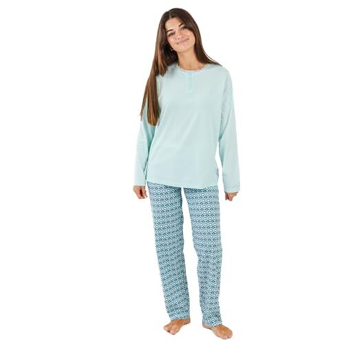 TRAMAS+ Pigiama Donna in 100% Cotone con Maglietta a Maniche Lunghe e Pantaloni Lunghi, Pigiama per Tutte Le Stagioni dell'Anno, Abbigliamento da Notte M, Galieni Verde Azzurro