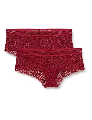 Iris & Lilly Slip Cheeky Hipster con Finiture in Pizzo Donna, Pacco da 2, Bordeaux, 44
