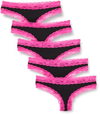 Iris & Lilly Intimo Perizoma in Cotone e Pizzo Donna, Pacco da 5, Nero/Rosa Shocking, 46