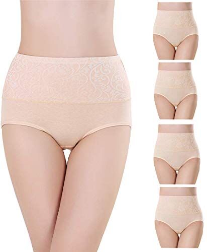 Misolin Vita Alta Slip da Donna Controllo della Pancia Mutande in Cotone Culotte Beige Pacco da 4 Tag XL (IT 40-42)