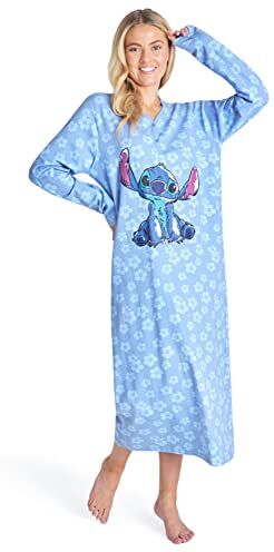 Disney Camicia da Notte Donna Manica Lunga Stitch Mickey Minnie (M, Blu Stitch)