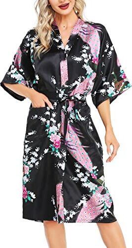 Lovasy Accappatoi e Vestaglie da Donna Kimono Sposa Pigiama Camicie da Notte in Raso Floreale Donna Scollo a V Sexy, Nero, S