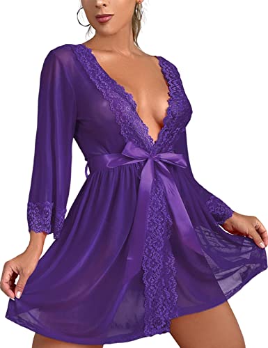 Tuopuda Camicie da Notte Intimo Donna Sexy Lingerie Babydoll in Pizzo Trasparente Pigiama Kimono Vestaglia Lace Biancheria Intima da Notte con G-String Cintura Accappatoio Abito da Notte, Viola, XL