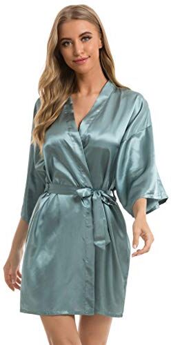 Vlazom Kimono in Raso da Donna, Accappatoi e Vestaglie Satin Sexy Pigiama Kimono Scollo V con Tasche Cintura per Sposa Camicia da Notte,XL,Verde Scuro