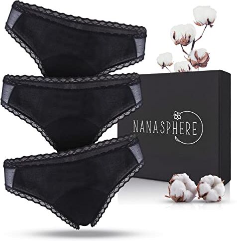 NANASPHERE Mutande Assorbenti Mestruali Set di 3 + Sacco Lavaggio   Donna Ciclo Flusso Abbondante   Cotone Organico   Slip Mestruale Donna   Incontinenza Perdita Urinaria Post Parto Adolescente (L)