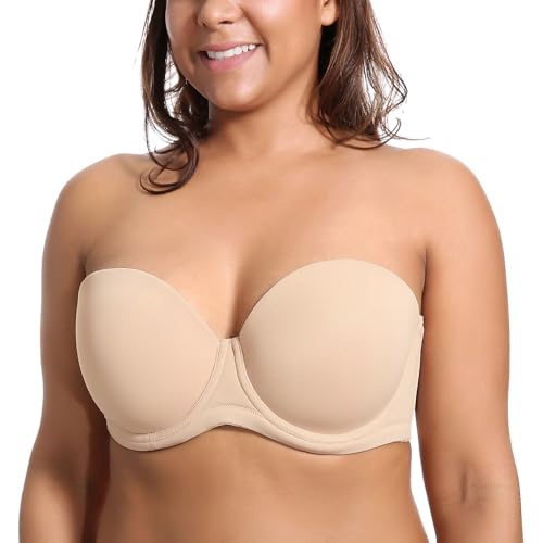 DELIMIRA Donna Reggiseno Senza Spalline Invisibile con Ferretto con Coppe Grandi Beige 4F