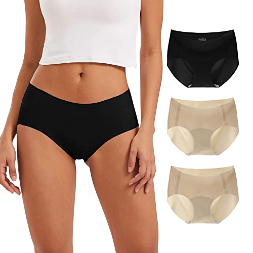 INNERSY Mutande Donna Senza Cuciture Slip Invisibile Vita Media Culotte Comodo Nylon Pacco da 3 (XS, 2 Beige, 1 Nero)