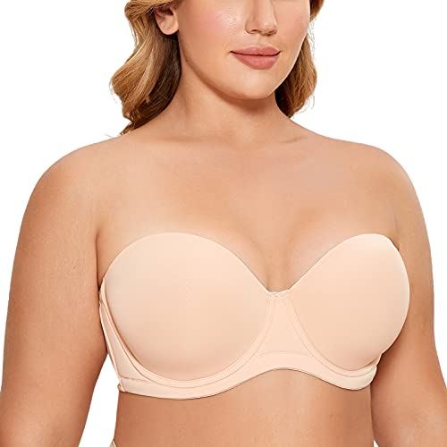 DELIMIRA Donna Reggiseno Senza Spalline Invisibile con Ferretto con Coppe Grandi Crema di Pesca 9E