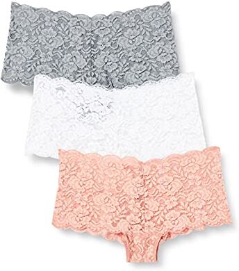 Iris & Lilly Intimo Hipster Cheeky in Pizzo Donna, Pacco da 3, Rosato Scuro/Grigio Ardesia/Bianco, 44