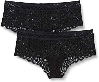 Iris & Lilly Slip Cheeky Hipster con Finiture in Pizzo Donna, Pacco da 2, Nero, 44