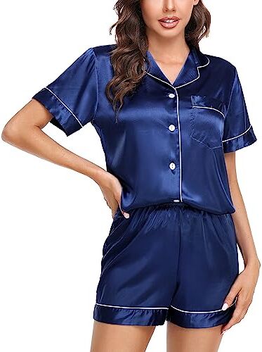 Lovasy Pigiama Donna Raso Pigiami Donna Seta Corto Set con Bottoni Revers Pigiama, Blu S