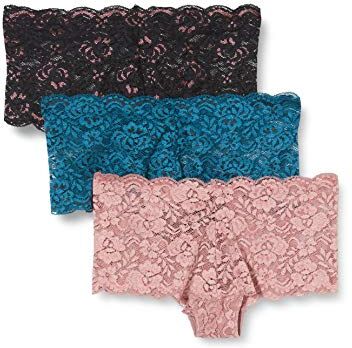 Iris & Lilly Intimo Hipster Cheeky in Pizzo Donna, Pacco da 3, Nero/Turchino/Rosato Opaco, 44