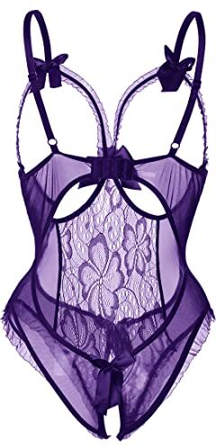 Voqeen Donna Lingerie Sexy Body Erotico Pizzo Biancheria Intima Esotico Tuta Babydoll Ad Anello Aperto Completi Intimi Prospettiva Pigiama Confortevole Sleepwear Costume (Viola, XL)