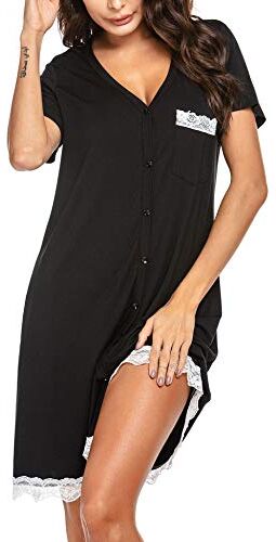 UNibelle Abito Pigiama Abbottonato Davanti Camicia da Notte Donna Scollo a V Corta Nightdress Premaman Confortevole Vestito da Notte, Nero, XXL