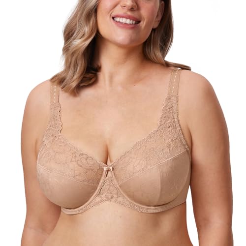 DELIMIRA Donna Reggiseno Pizzo Sostegno Totale Jacquard Senza Imbottito Naturale 5E