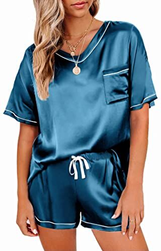 Ekouaer Pigiama Donna Estivo Pigiami Due Pezzi Pantaloni in Raso Camicia da Notte Manica Corta Comodi, Punch Blue, XL