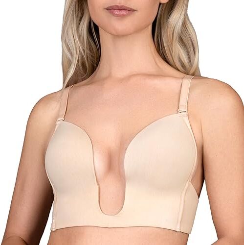 Bye Bra Reggiseno ultra tuffo, reggiseno profondo a tuffo, effetto push-up naturale, supporto sottoseno, chiusura a gancio e occhiello, S-XXL, beige/nero, Beige, XXL