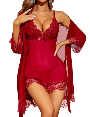 RSLOVE Lingerie Donna Sexy Babydoll in Pizzo Camicia da Notte Set di Pigiama Completo Intimi Vestaglia A Rete Rosso Vino L