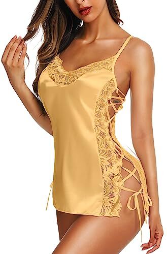 RSLOVE Lingerie Donna Babydoll Indumenti da Notte di Seta Sottoveste Sexy in Pizzo Champagne XL