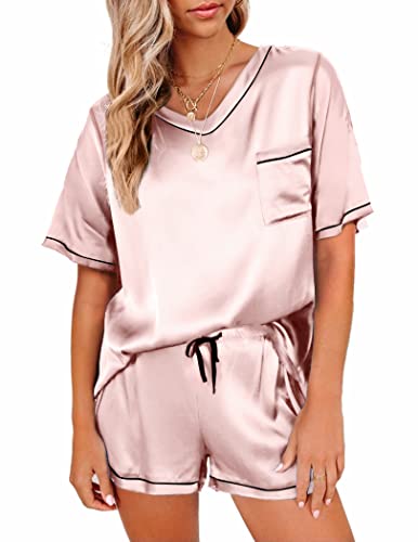 Ekouaer Pigiama Donna Estivo Pigiami Due Pezzi Pantaloni in Raso Camicia da Notte Manica Corta Comodi, Rosa, XL