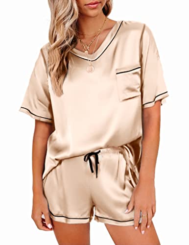 Ekouaer Pigiama Donna Estivo Pigiami Due Pezzi Pantaloni in Raso Camicia da Notte Manica Corta Comodi, Champagne, XL