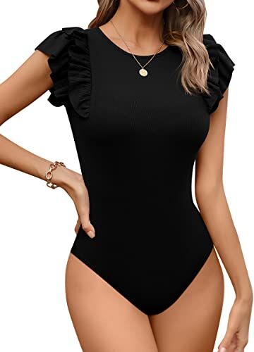 Missufe Body da donna elegante, scollo rotondo, con volant, a maniche corte, Nero , XXL