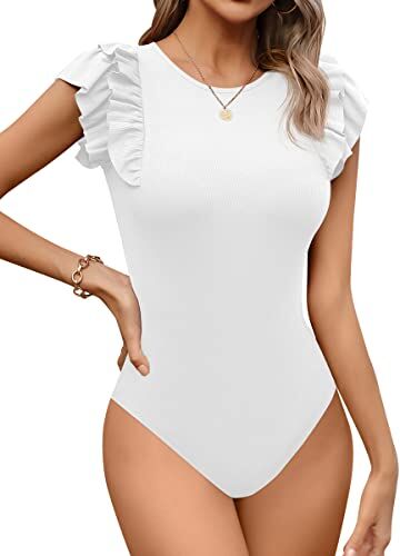 Missufe Body da donna elegante, scollo rotondo, con volant, a maniche corte, bianco, XXL