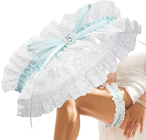 JK Trade ® Giarrettiera da sposa premium in blu per il matrimonio in taglia unica, nastro decorato con pizzo, fiocco e un cuore nobile fatto di brillantini, 100% fatto a mano