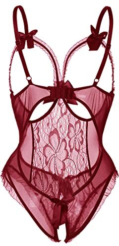 Voqeen Donna Lingerie Sexy Body Erotico Pizzo Biancheria Intima Esotico Tuta Babydoll Ad Anello Aperto Completi Intimi Prospettiva Pigiama Confortevole Sleepwear Costume (Claretto, L)