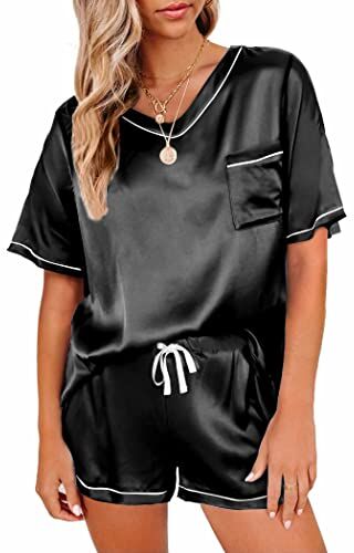 Ekouaer Pigiama Donna Estivo Pigiami Due Pezzi Pantaloni in Raso Camicia da Notte Manica Corta Comodi, Nero, XL