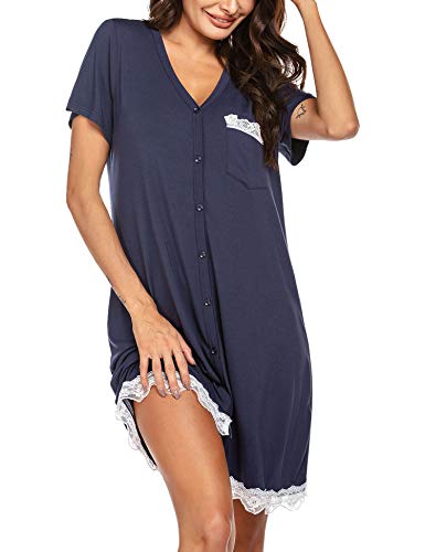 UNibelle Camicia da Notte Donna Scollo a V Corta Nightdress Premaman Confortevole Vestito da Notte, Blu Navy, XXL