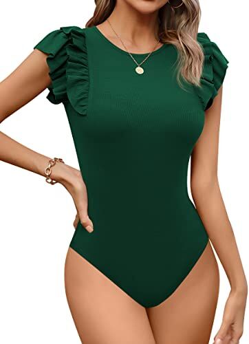 Missufe Body da donna elegante, scollo rotondo, con volant, a maniche corte, verde scuro, XL