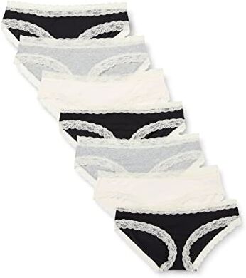 Iris & Lilly Intimo Hipster in Cotone e Pizzo Donna, Pacco da 7, Nero/Grigio Puntinato/Rosa Pallido, 42