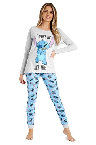 Disney Pigiama Donna Pigiama Stitch Pigiami Donna Cotone S-2XL Stitch Gadget Regalo (Grigio/Blu Stitch, M)