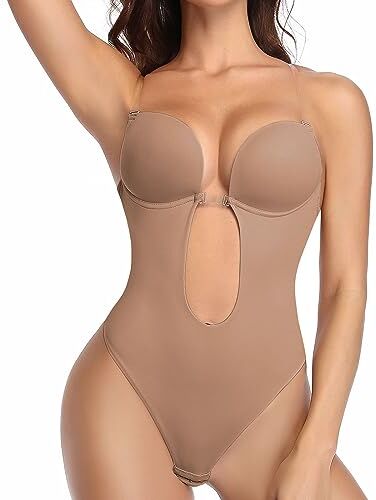 Joyshaper Donna Body Senza Schienale Invisibile Body con Reggiseno Push Up Scollo a V Profondo Shaper Body Contenitivo Perizoma per Matrimonio Festa, Marrone, L