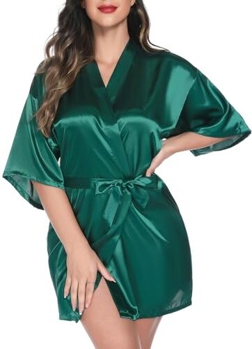 Vlazom Kimono in Raso da Donna, Accappatoi e Vestaglie Satin Sexy Pigiama Kimono Scollo V con Tasche Cintura per Sposa Camicia da Notte,XL,Verde