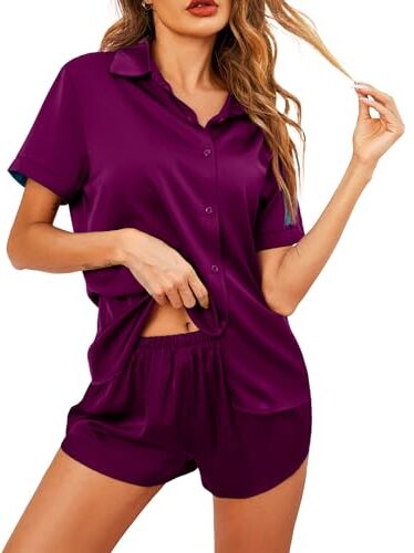 Ekouaer Pigiama a Camicia Corta da Donna Set da Notte Sexy da Notte in Seta Estiva Viola L