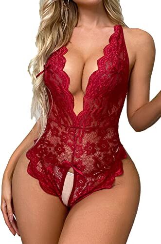 Generic Lingerie Donna Sexy Intima Babydoll Camicia da Notte in Pizzo Trasparente Intima da Notte Scollo a V Aperto Erotics Sleepwear Hot Hollow Halter Lingerie Body Sexy Pigiama Set