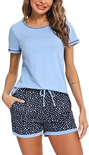 Litherday Pigiama Donna Estivo Pigiama Cotone Donna Pigiama Corto Donna Pigiami Due Pezzi da Donna Pigiami Casual da Casa Morbido e Confortevole Pigiami Donna A-Blu S