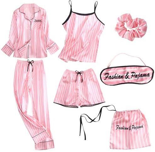 Jamron Donna 7PCS Raso Set Pigiama Primavera Estate Autunno Top & Pantaloni Indumenti da Notte SN07655 Rosa Strisce M