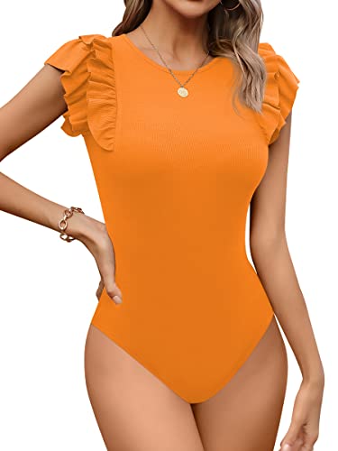 Missufe Body da donna elegante, scollo rotondo, con volant, a maniche corte, Colore: arancione., S
