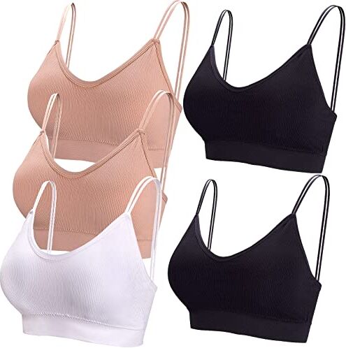 BQTQ 5 Pezzi Reggiseno a Canotta V Collo Bralette Senza Ferretto per Donna, Nero, Bianco, Beige, M