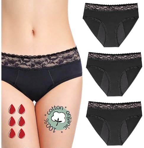 NoBlood Pacco da 3 Mutande Assorbenti Mestruali per Ciclo Abbondante   12 Anni / 4XL   Lavabili   Cotone   Ecologica   Slip per Ciclo Mestruale  Donna Intimo Protettive   Ragazza (Pizzo-Pack, Nero, M)