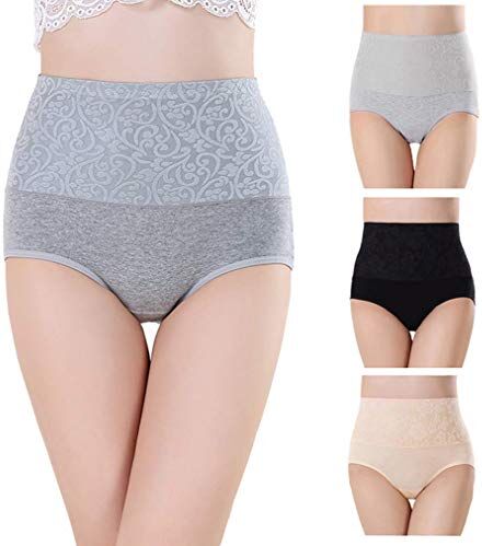 Misolin Vita Alta Slip da Donna Controllo della Pancia Mutande in Cotone Culotte Nero/Grigio/Beige Pacco da 3 Tag XL (IT 40-42)