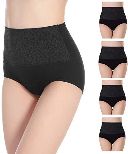 Misolin Vita Alta Slip da Donna Controllo della Pancia Mutande in Cotone Culotte Nero Pacco da 4 Tag 2XL (IT 44-46)