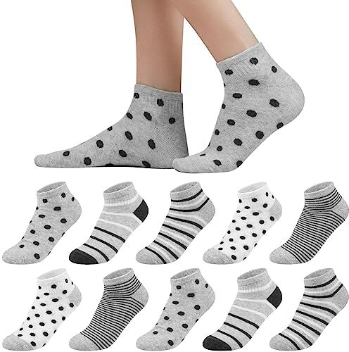 Blu Ninfee Calzini da ginnastica da donna 35-38 39-42, 10 paia di calzini corti da ragazza, calzini da ginnastica multicolori, calzini da donna colorati con strisce a pois, Set grigio, 35-38