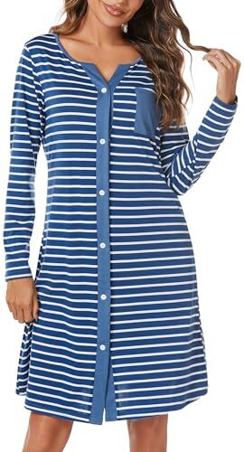 Marvmys Camicia Notte Donna Cotone Corta Cardigan con Scollo V Bottoni Donna Adatto Leggero e Confortevole per Il Parto Ospedaliero Quotidiano per L'Allattamento Seno Blu-Manica Lunga-B S