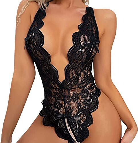 Generic Lingerie Donna Sexy Intima Babydoll Camicia da Notte in Pizzo Trasparente Intima da Notte Scollo a V Aperto Erotics Sleepwear Hot Hollow Halter Lingerie Body Sexy Pigiama Set